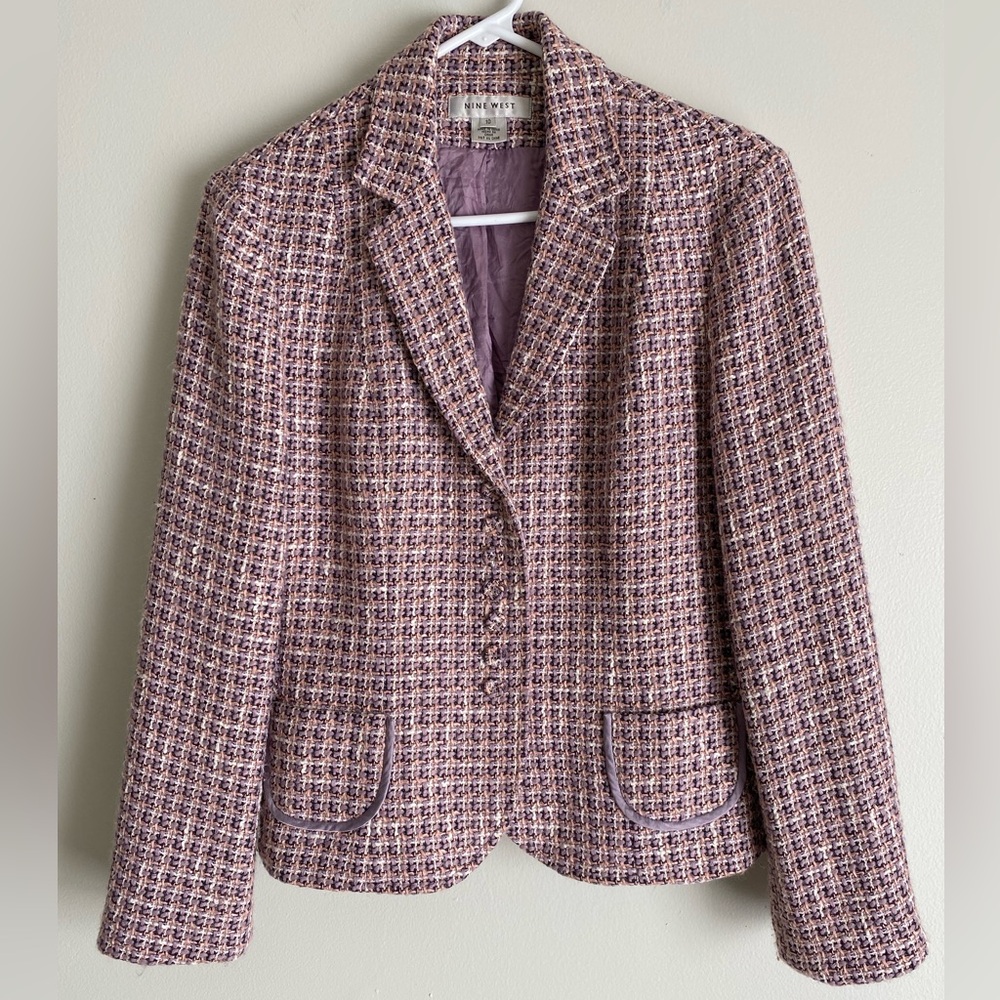 Nine West Pink Tweed Blazer Jacket Gingham Woven Peplum